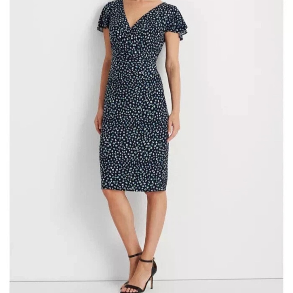 Lauren Ralph Lauren Women's Floral Flutter-Sleeve Dress Navy White Sz 14